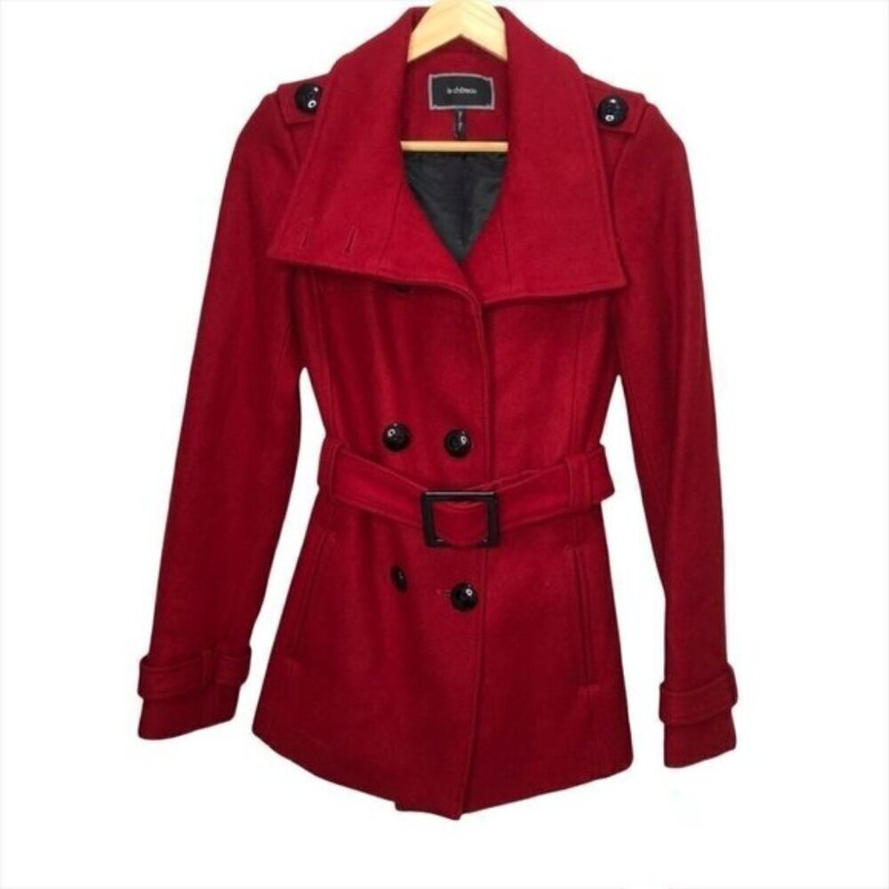 Le Chateau Red Wool Blend Double Breasted Belted Pea Coat Jacket Size XS